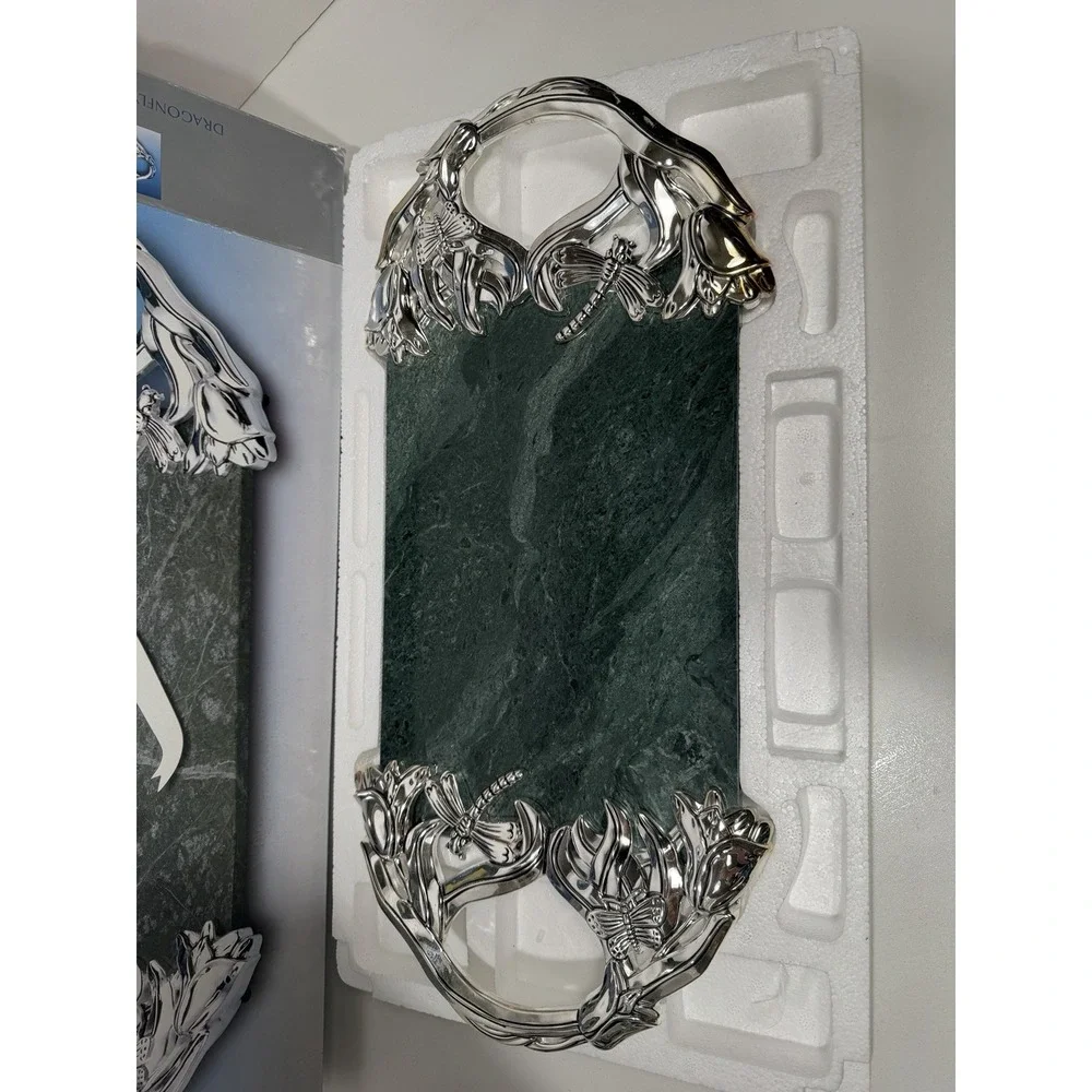 Godinger Silver Plated Dragonfly Green Marble‎ Tray NO KNIFE Cheese Tray